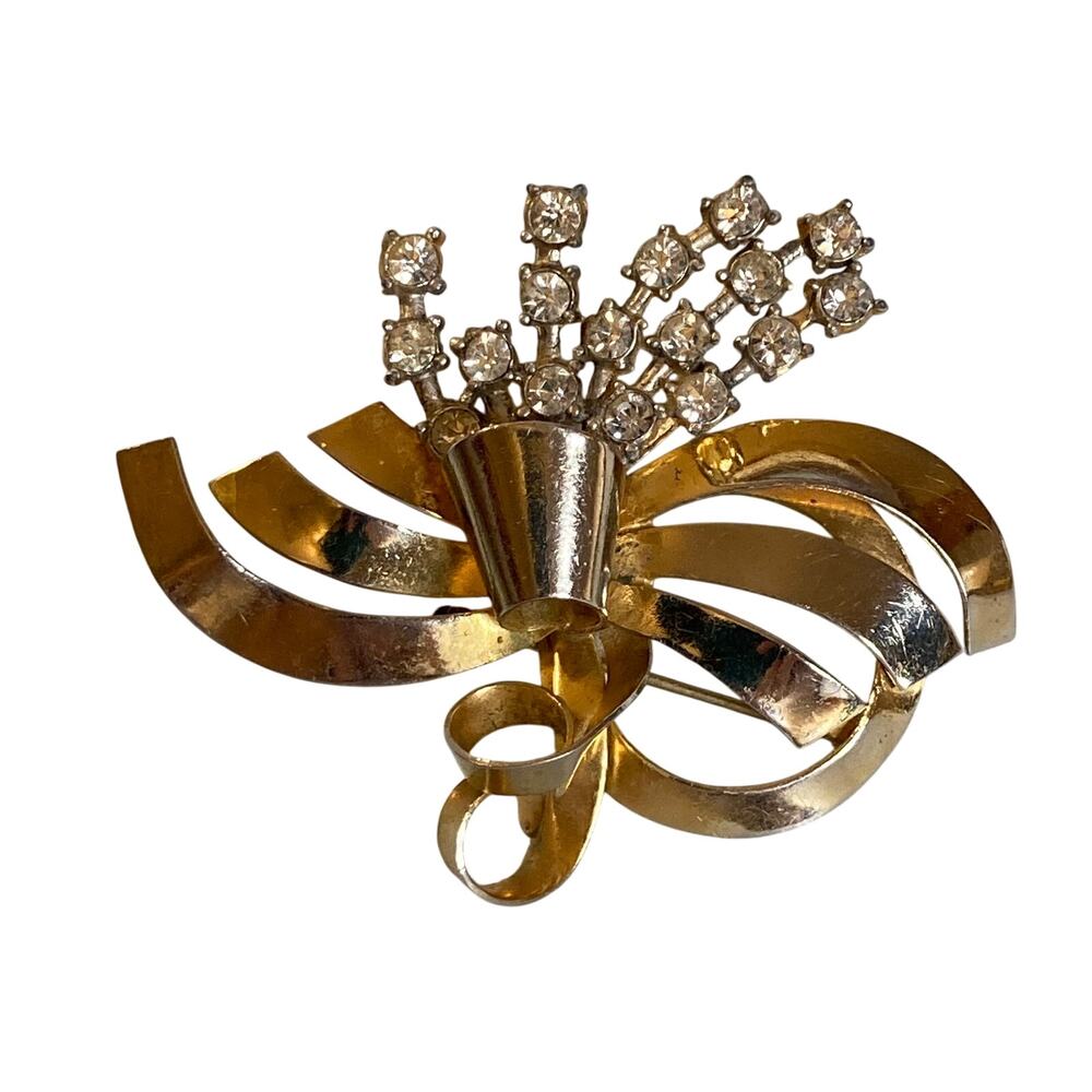 Vintage 60s Gold- & Silver-Tone Boutonniere Brooch Holder w/Rhinestones
